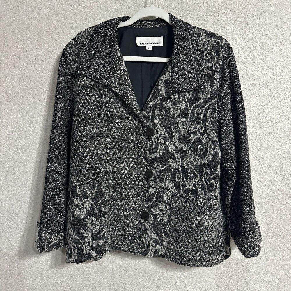 Caroline Rose Wool Blend Jacket Blazer Womens L Floral Patchwork Pockets USA*